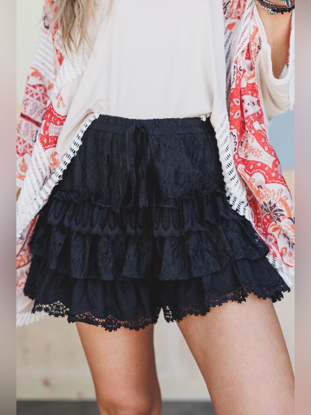 Promesa Black Lace Tiered Ruffle Shorts